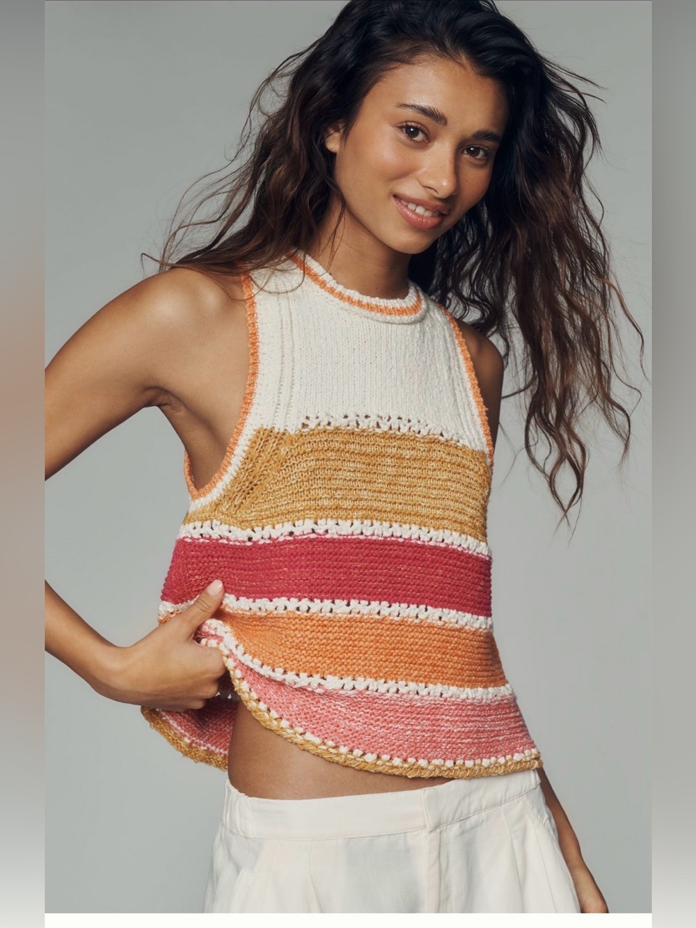 Anthropologie: NWT Striped Crochet Knit Tank Top in Cream, Mustard & Coral